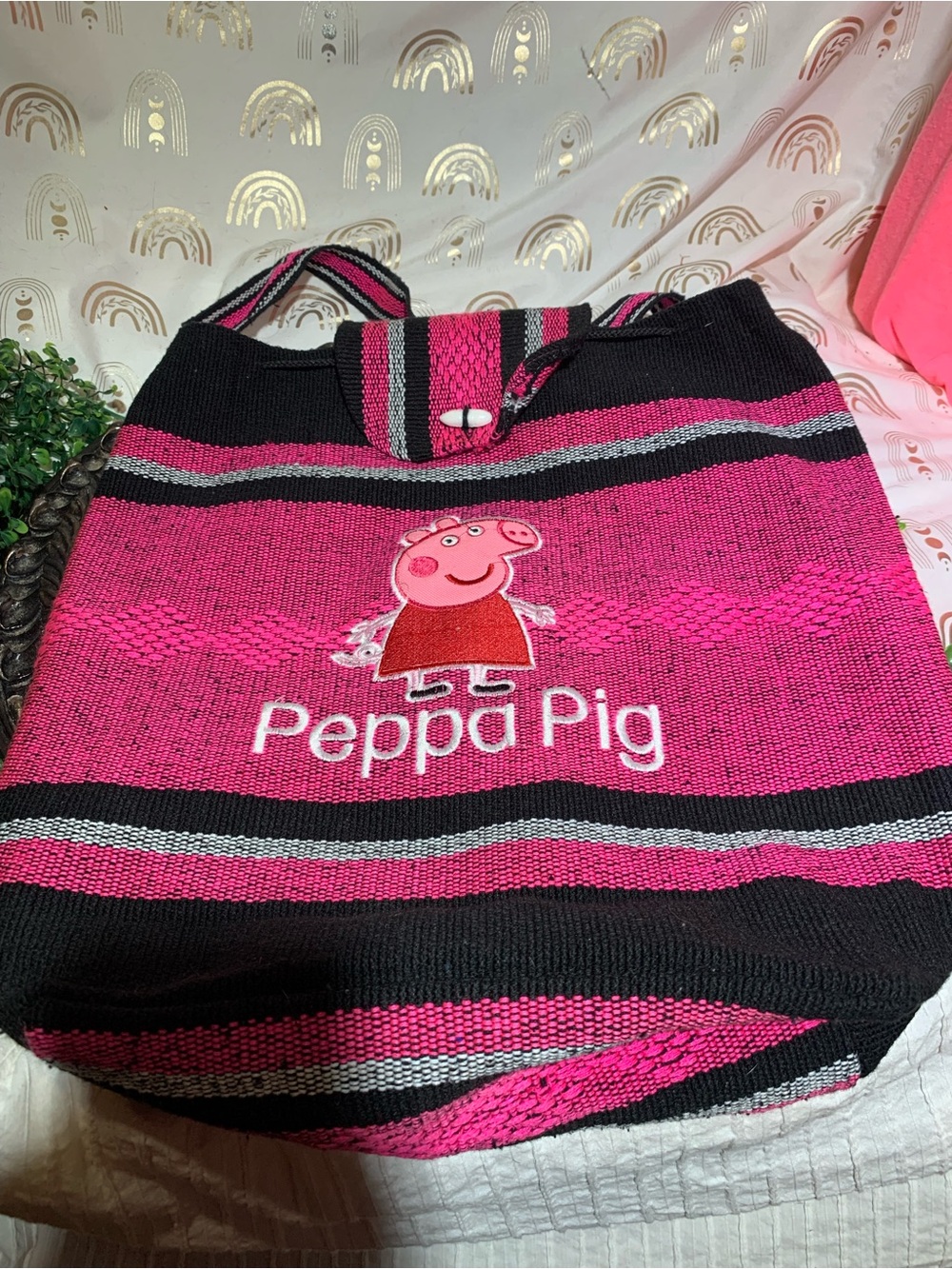 Peppa Pig Pink, Black & Gray Striped Tote Bag